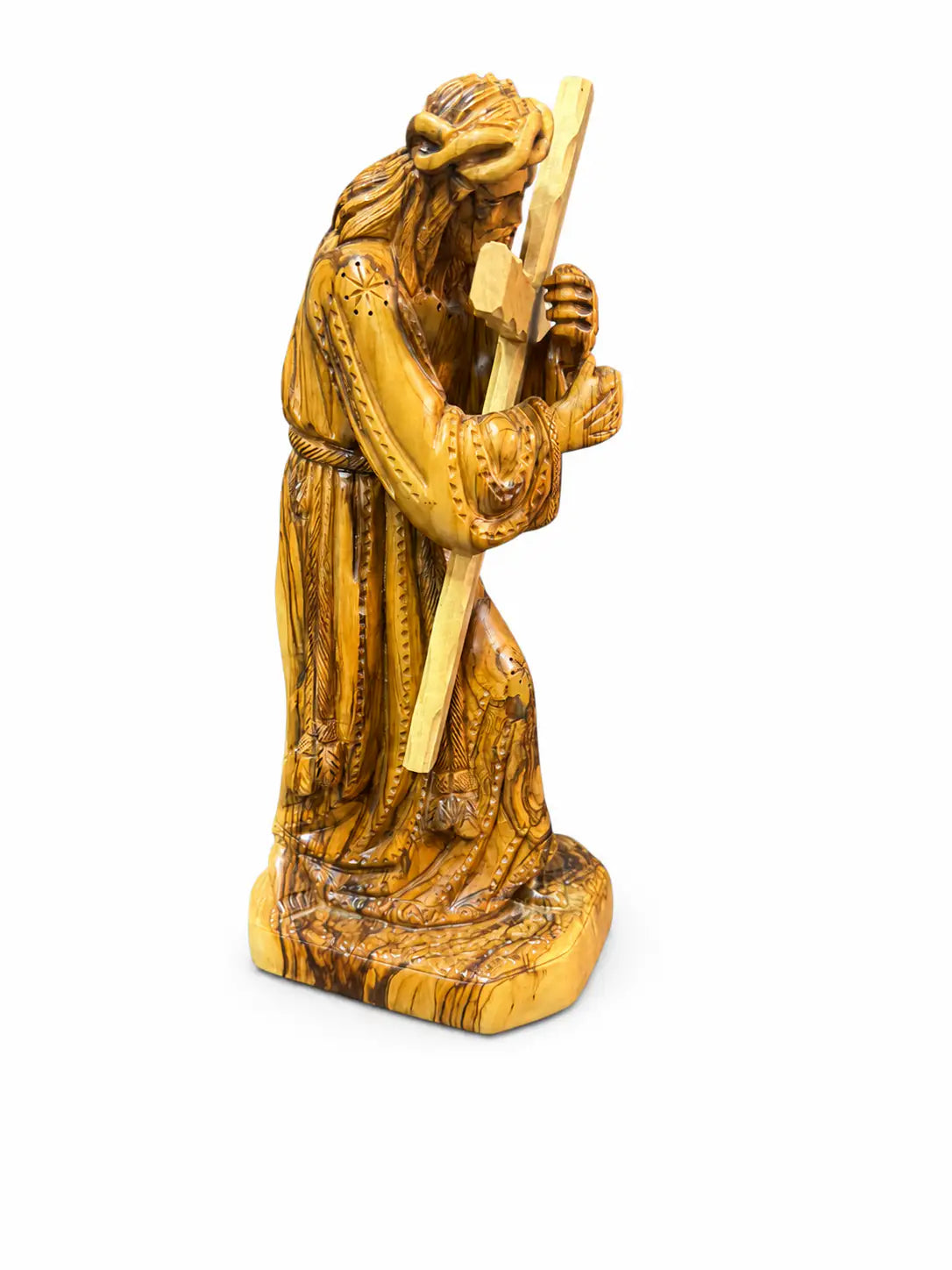 Hand-Carved Olive Wood Jesus Carrying the Cross Sculpture