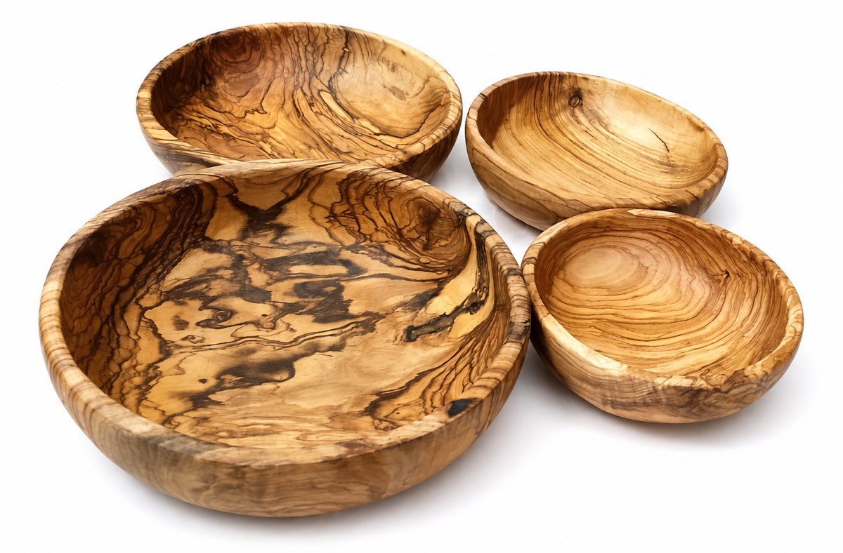 Handcrafted Natural Olive Wood Serving Bowls – Set of 4