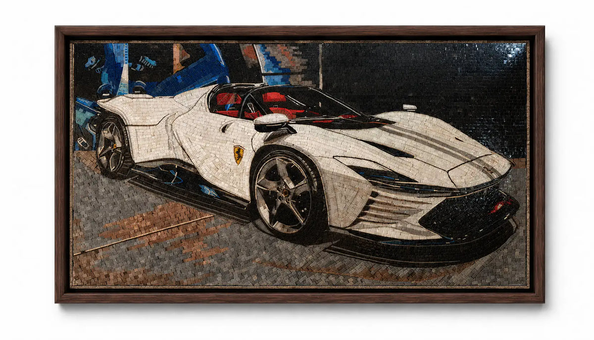 White Ferrari Supercar Mosaic – Handcrafted Jordanian Stone Art