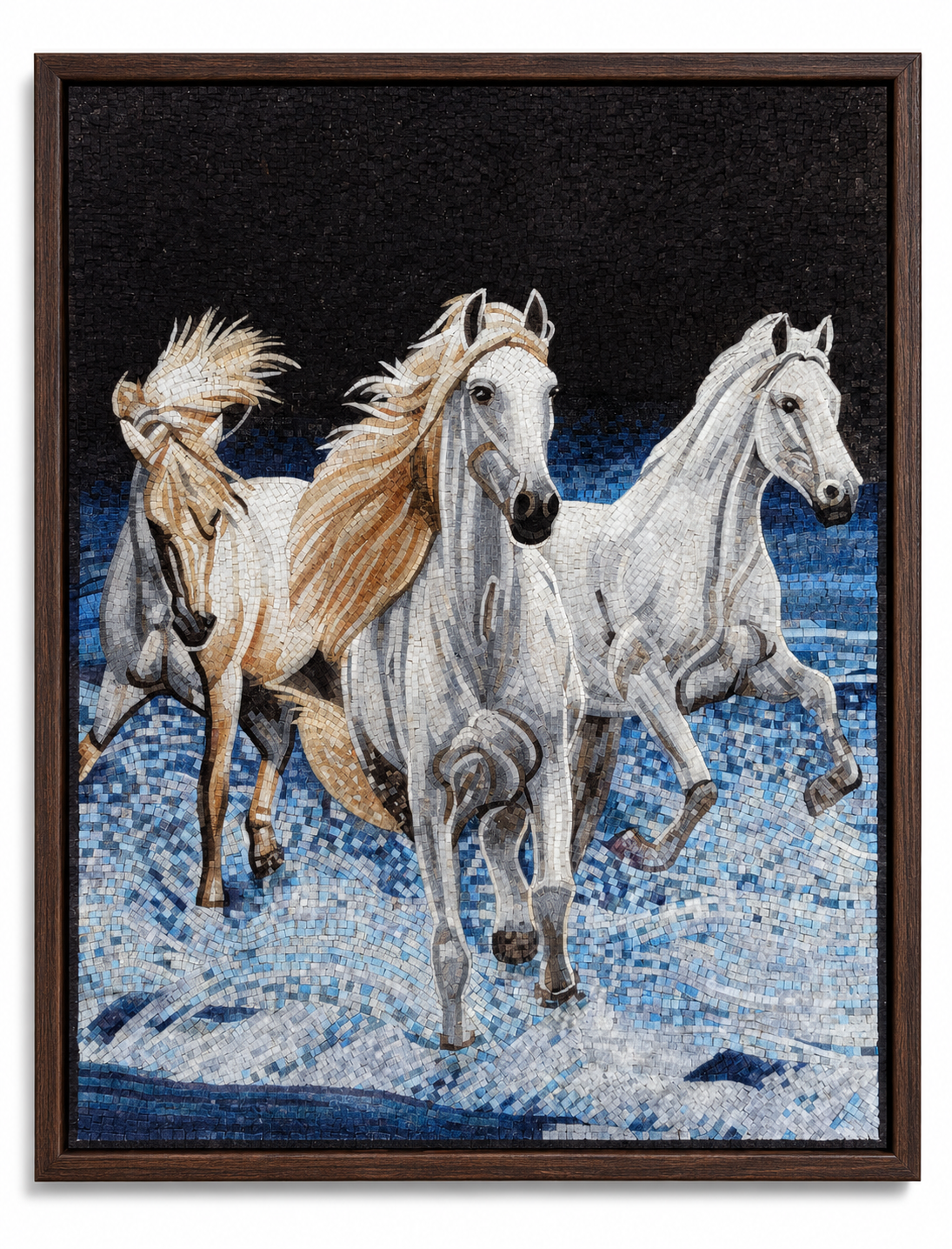 Three Running Horses Mosaic – Handcrafted Jordanian Stone Art