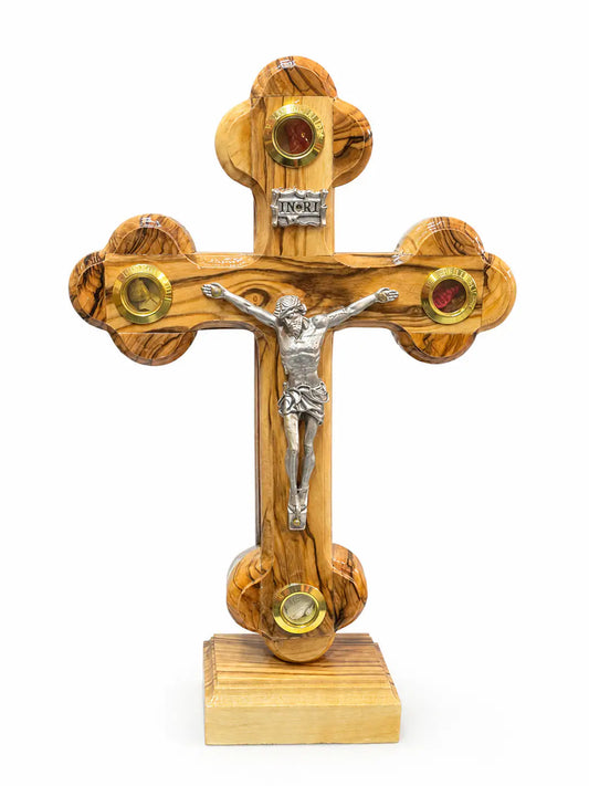 Olive Wood Standing Crucifix with Stations of the Cross Inbox
