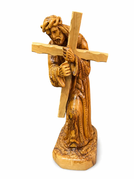 Hand-Carved Olive Wood Jesus Carrying the Cross Sculpture