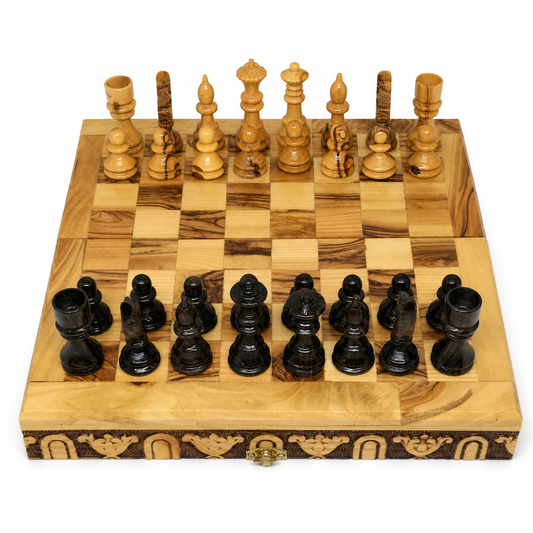 Handcrafted Olive Wood Chess Set with Ornately Carved Pieces