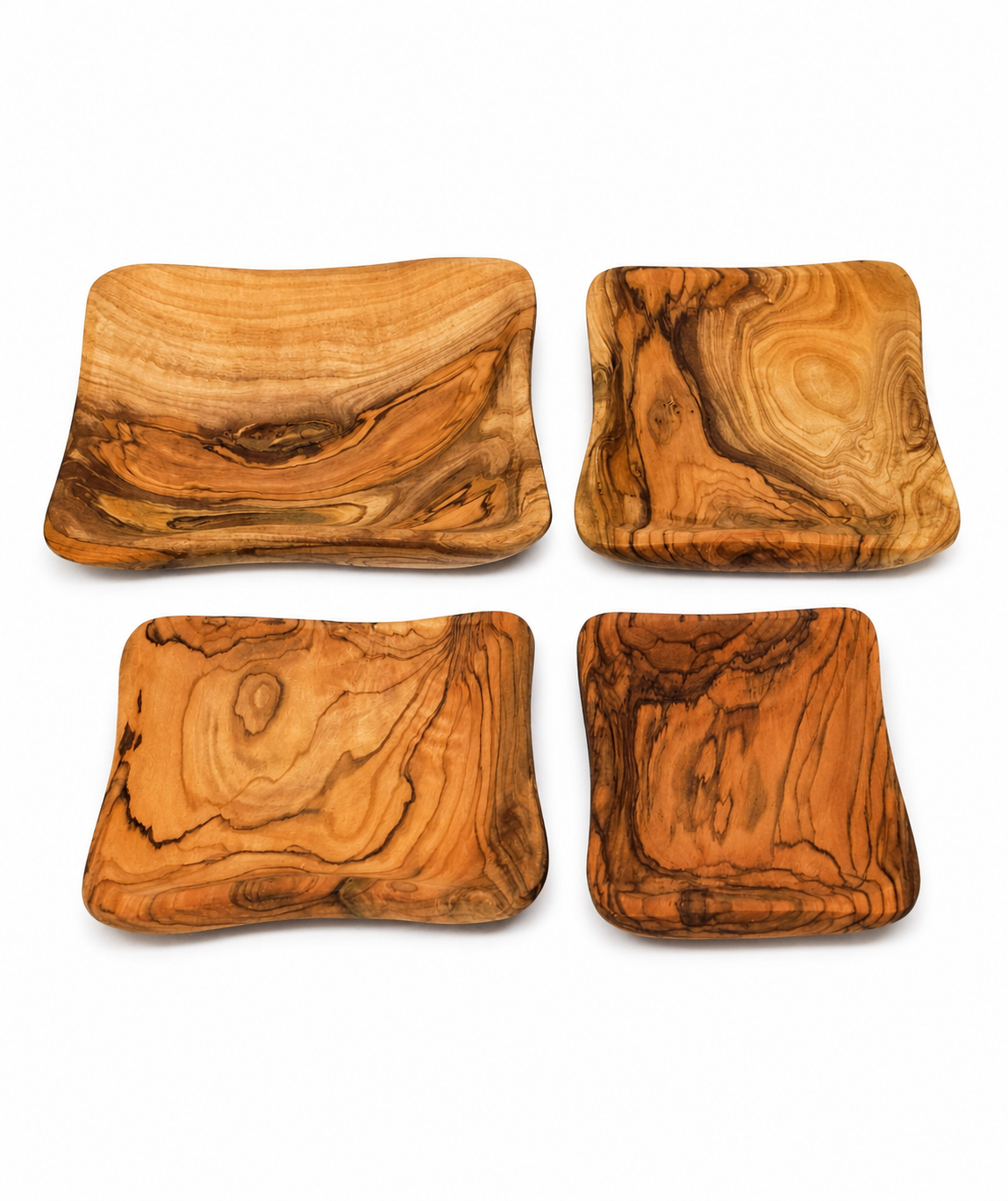 Handcrafted Square Olive Wood Plates – Set of 4
