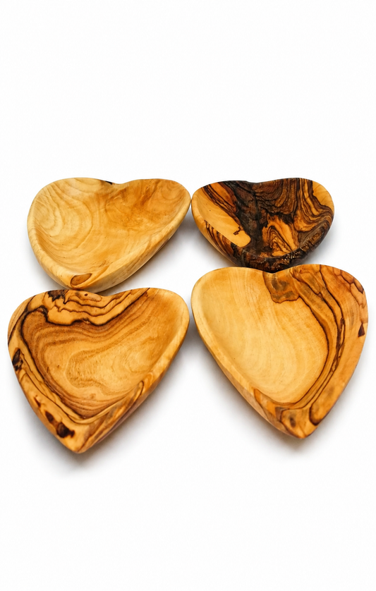 Handcrafted Heart-Shaped Olive Wood Bowls – Set of 4