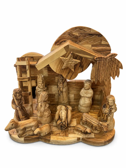 Handcrafted Olive Wood Nativity Scene – Large 3D Christmas Stable