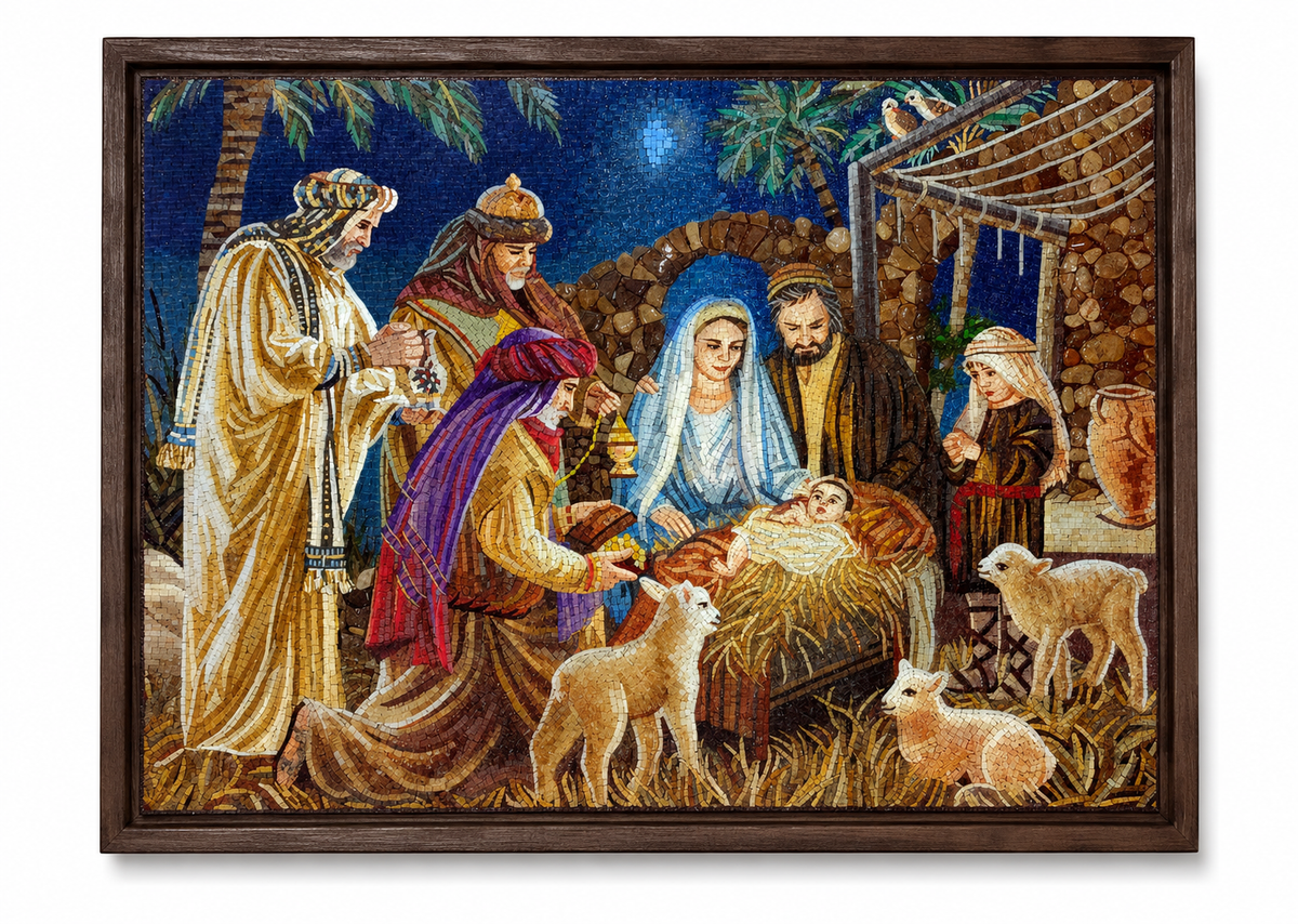 Handcrafted Nativity Mosaic – Authentic Jordanian Christian Stone Art