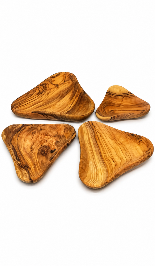 Handcrafted Triangular Olive Wood Plates – Set of 4