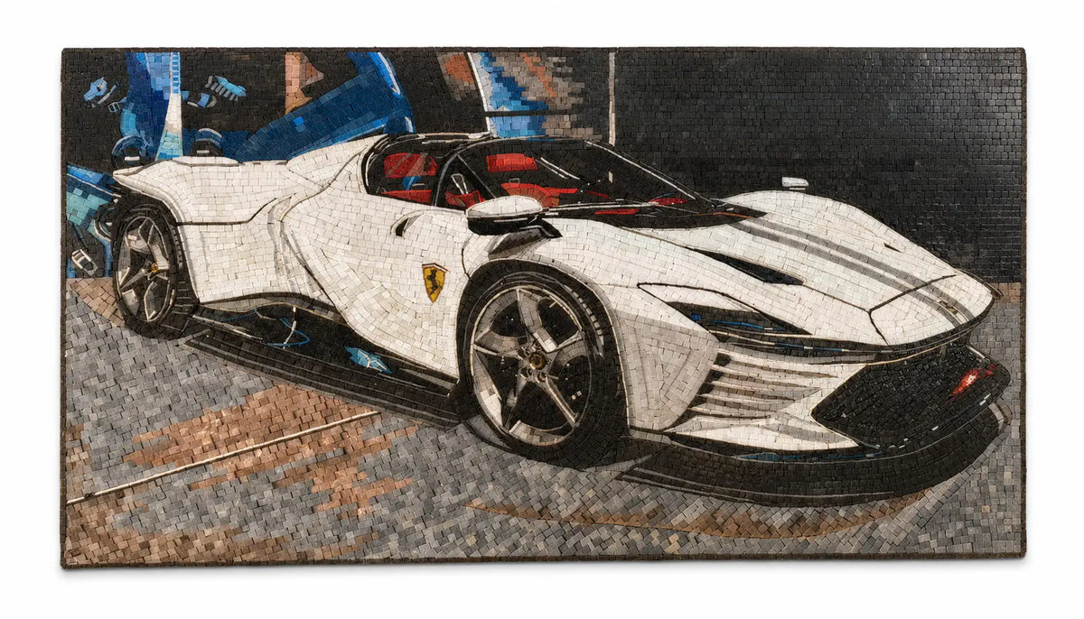 White Ferrari Supercar Mosaic – Handcrafted Jordanian Stone Art