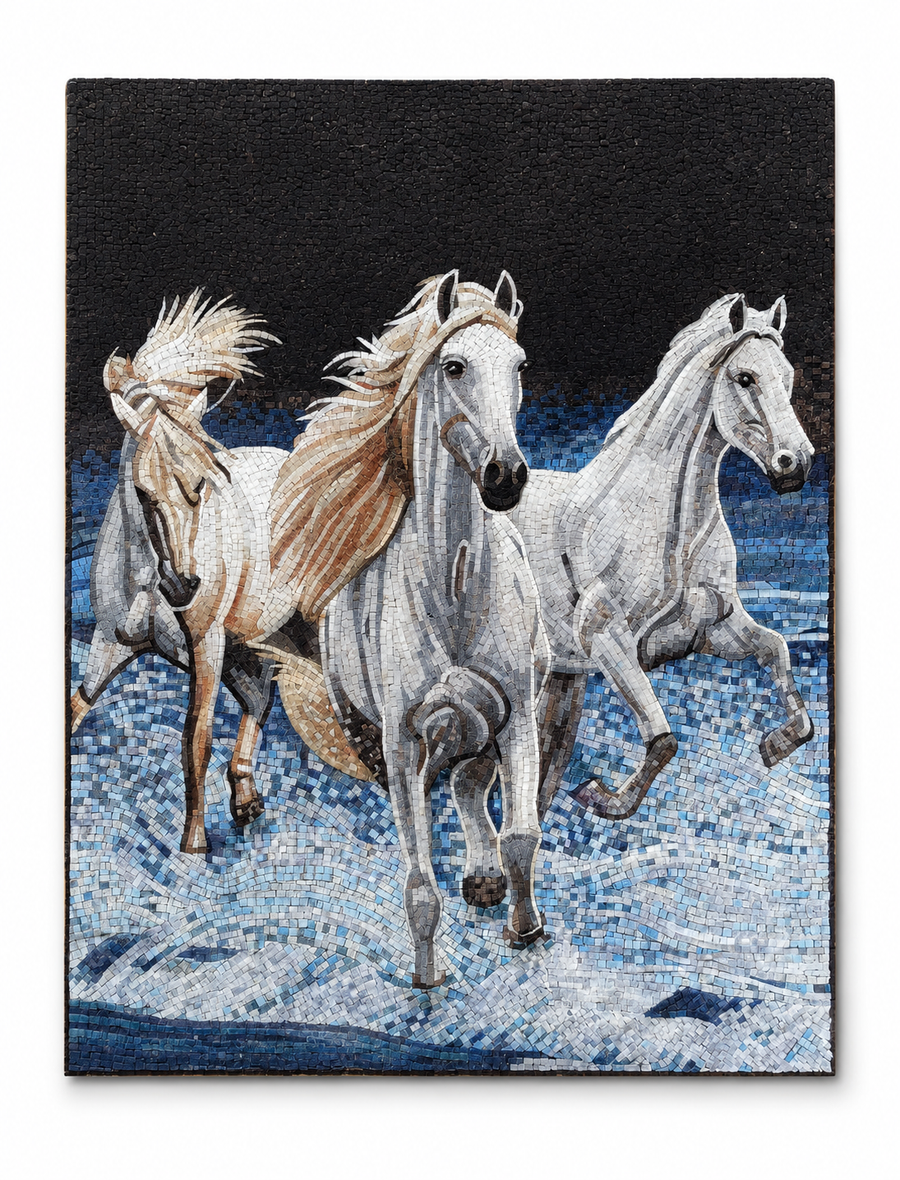 Three Running Horses Mosaic – Handcrafted Jordanian Stone Art