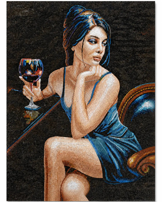 Elegant Woman with Wine Glass Mosaic – Handmade Jordanian Stone Art